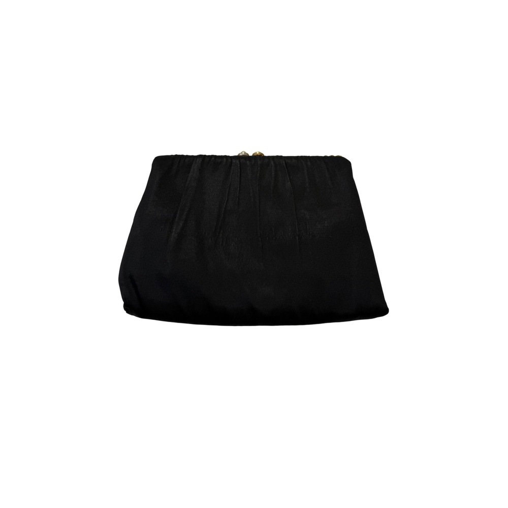 Vintage 50s 60s H.L. USA Black Pleated Satin Pearl Kiss Lock Evening Clutch